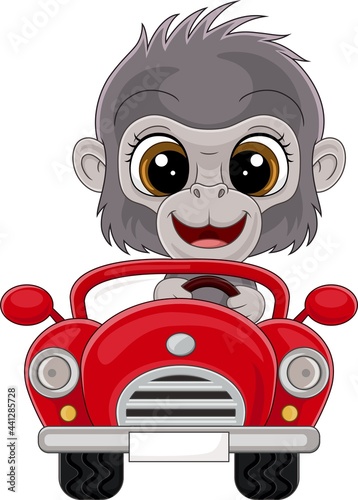 Cartoon baby gorilla driving red car