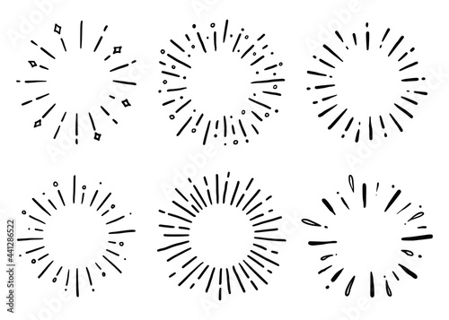 Hand drawn set of sunburst shine ray and sparkle. Doodle sketch style. Circle burst of sun, star. Vector illustration.
