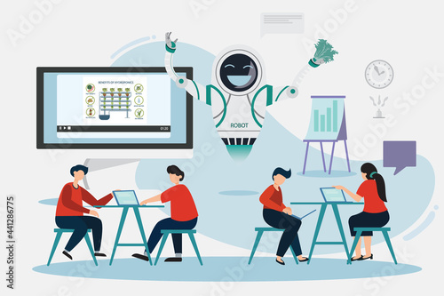 flat illustration robot teacher teaching students in classroom future education innovation The robot's artificial intelligence may be more intelligent than humans.