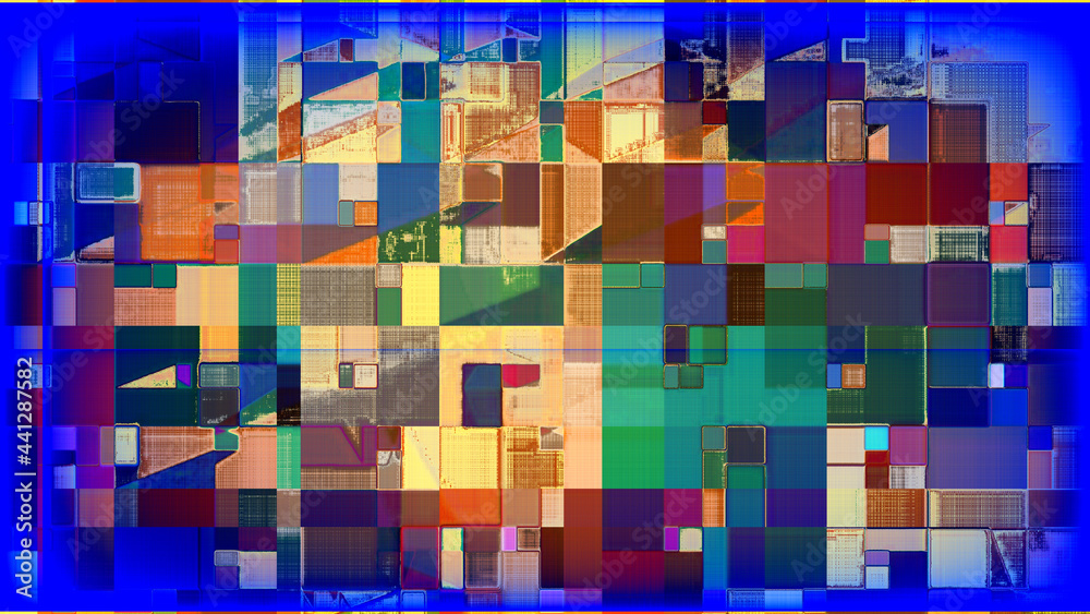Rendu d’un travail numérique, composition abstraite rythmée par les couleurs et faisant partie d’une série.