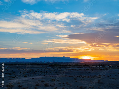 Sunset view of the famous strip skyline of Las Vegas at Nevada