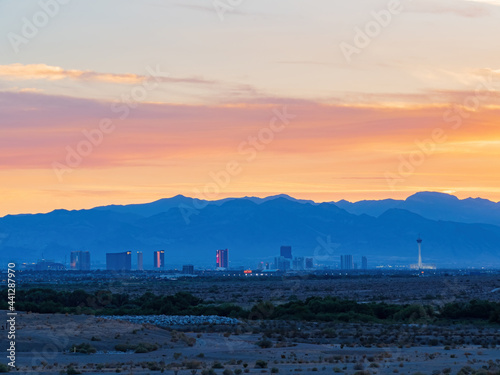 Sunset view of the famous strip skyline of Las Vegas at Nevada