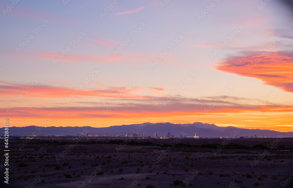 Sunset view of the famous strip skyline of Las Vegas at Nevada