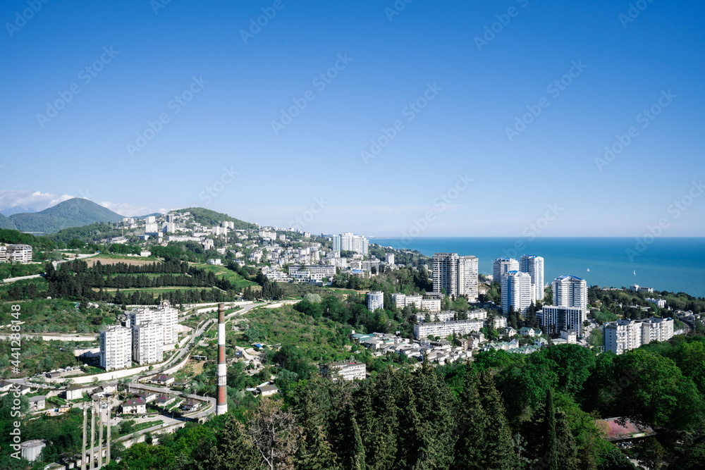 View of the sea and the houses of the city of Sochi.