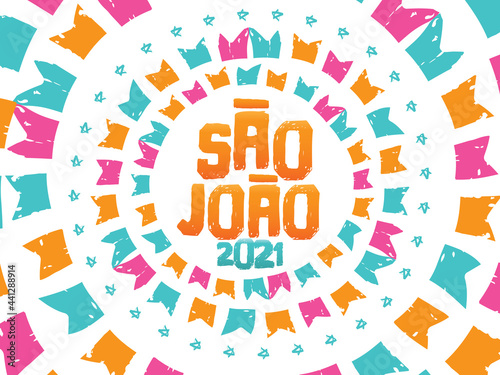 Traditional Party in Brazil. Festa de Sao Joao. Local Cultural Event. Brazilian Winter June Celebration. Typographic Vector Art. Colorful composition.