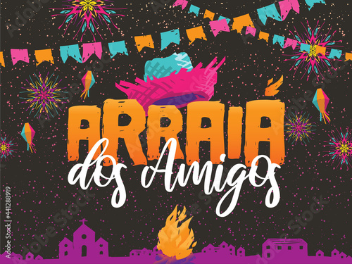 Traditional Party in Brazil. Festa de Sao Joao. Local Cultural Event. Brazilian Winter June Celebration. Typographic Vector Art. Colorful composition.
