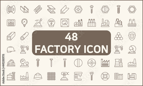 Set of 48 Factory and industrial line style. Contains such icons as pressure meter, geothermal energy, welding, steel, structure, electric, construction, tool, metallurgy and other elements