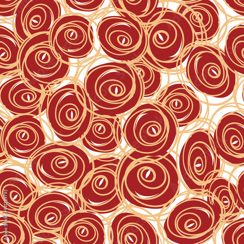 Seamless pattern with child doodle roses. Pattern with golden swirls on a red and white backdrops. Can be used for textile prints  cards  wrapping paper. Vector illustration  eps 10.