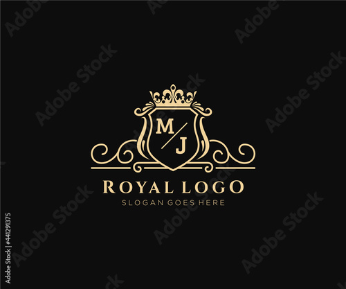 Initial MJ Letter Luxurious Brand Logo Template, for Restaurant, Royalty, Boutique, Cafe, Hotel, Heraldic, Jewelry, Fashion and other vector illustration.