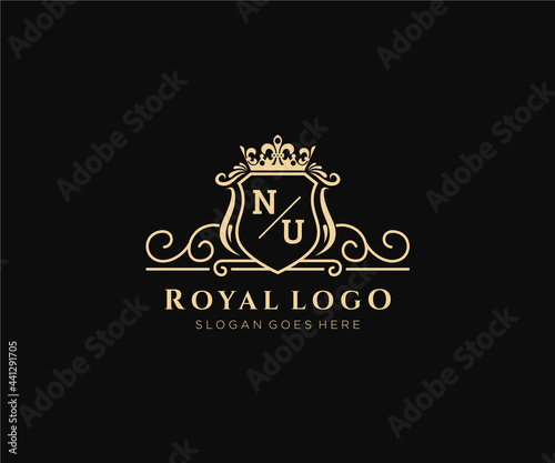 Initial NU Letter Luxurious Brand Logo Template, for Restaurant, Royalty, Boutique, Cafe, Hotel, Heraldic, Jewelry, Fashion and other vector illustration.