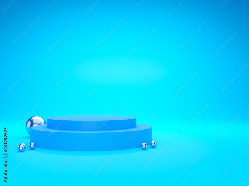 Blue podium backdrop placed on a blue background for product display 3D rendering. Blue podium backdrop placed on a blue background for product display 3D rendering.