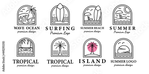 set of surfing or tropical or island in summer line art minimalist simple vector logo icon illustration design