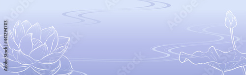 流水に蓮の花のバナーイラスト（薄紫）