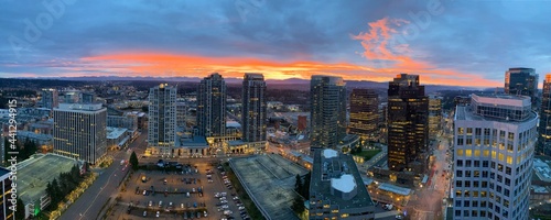 Sunrise, Bellevue Washington with a dramatic and colorful sky seen from an elevated perspective. photo
