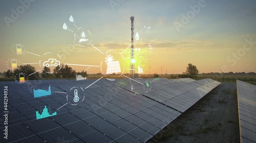 Network of ecological energy distribution through photovoltaic solar systems. Digital animation, solar energy generation, green planet, renewable energy