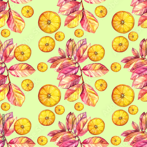 Seamless pattern watercolor citrus fruit orange circle slice and pink branch with leaves on green background. Hand-drawn food object for menu, sticker, wrapping, card, wallpaper, sketchbook, note book