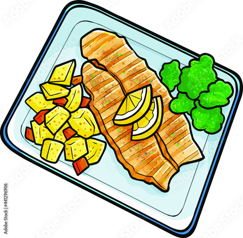 Yummy Grilled Dori Fish in simple doodle style
