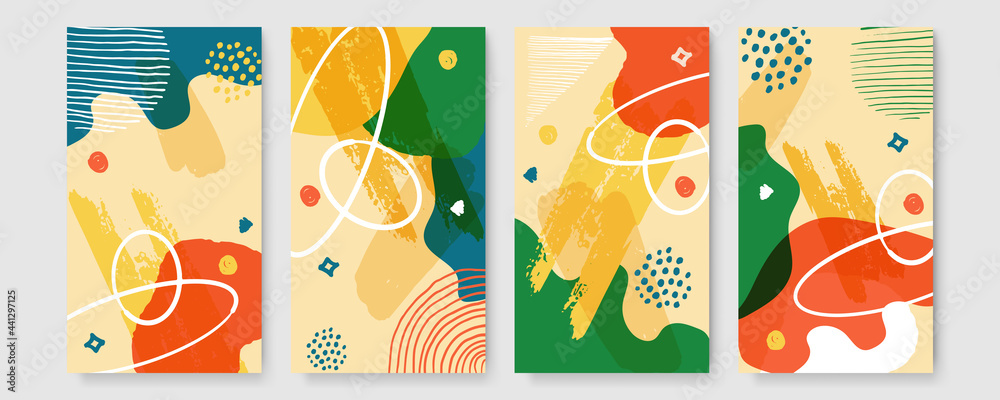 Abstract earth tone Scandinavian boho hand painted color brush background template set. Modern abstract covers set, minimal covers design. Colorful geometric background, vector illustration.