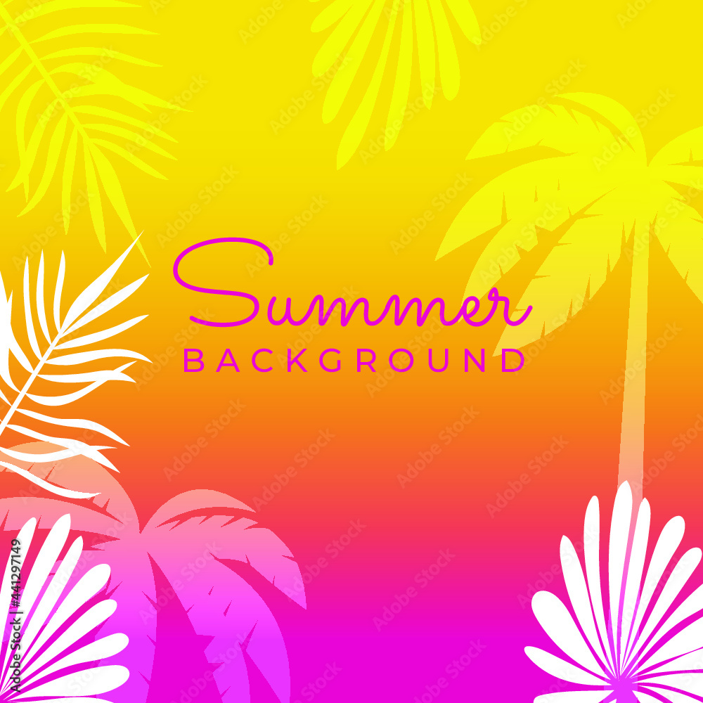Summer background with floral, leaves, palm trees, and Memphis style. Minimalist summer banner design with tropical leaves theme