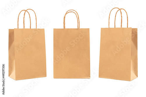Brown paper bags collection isolated on white background.