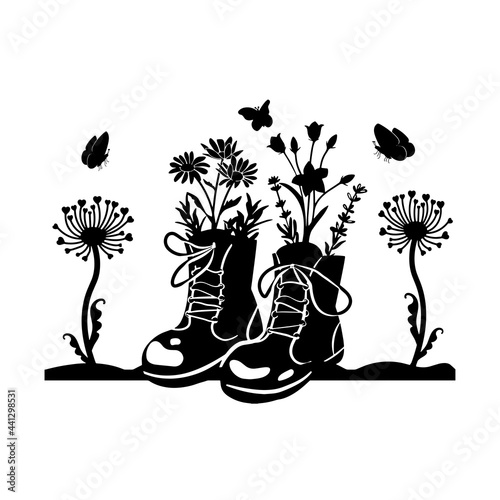 silhouette of old boots for the garden with flowers and butterflies. vector. eps