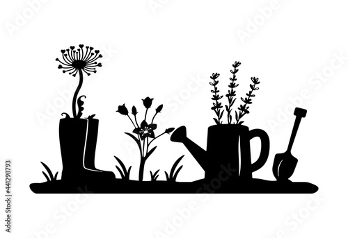 rubber boots with a dandelion, a ladder with a lavender, a garden shovel. laser cut design. vector. eps	
