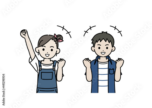 元気な男の子と女の子のイラスト　ガッツポーズ　子供　小学生　低学年