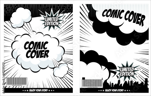 Comic cover, bubble speech, blank background template
