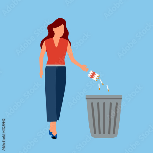 Woman throw cigarettes into trash can in flat design. Female quit smoking concept vector illustration.