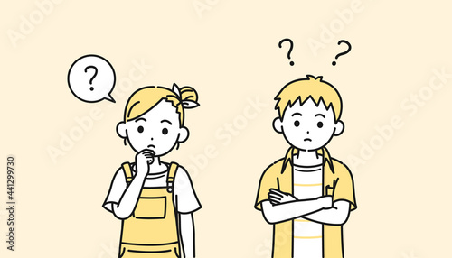 考える男の子と女の子のイラスト　疑問　？　子供　小学生　低学年