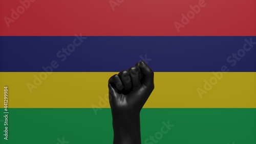 A single raised Black Fist in the center in front of the Country Flag of Mauritius