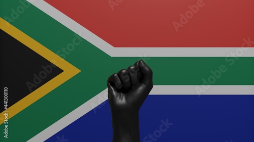 A single raised Black Fist in the center in front of the Country Flag of South Africa