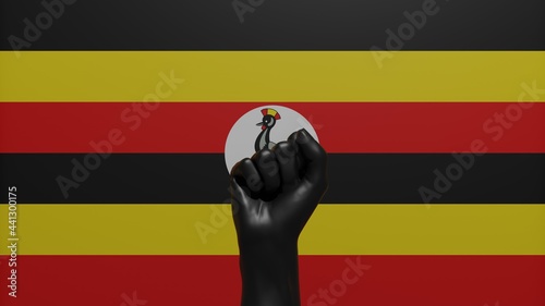 A single raised Black Fist in the center in front of the Country Flag of Uganda