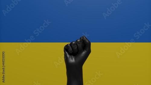 A single raised Black Fist in the center in front of the Country Flag of Ukraine