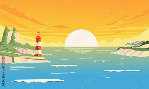summer sunsets in the bay with a lighthouse that stands on the waterfront