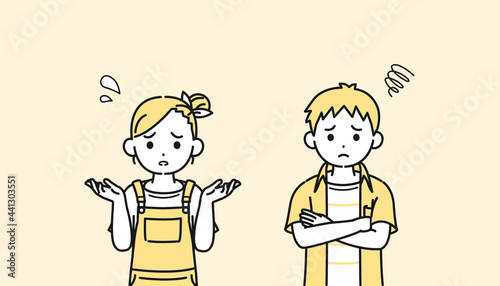 困る男の子と女の子のイラスト　悩み　心配　不安　子供　小学生　低学年