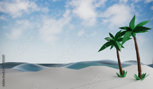 Sunny tropical beach with palm trees .3D rendering