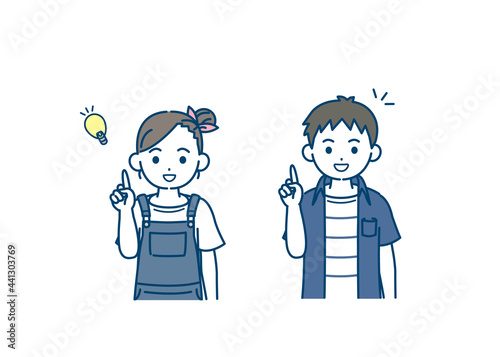 閃く男の子と女の子のイラスト　アイデア　思いつく　子供　小学生　低学年