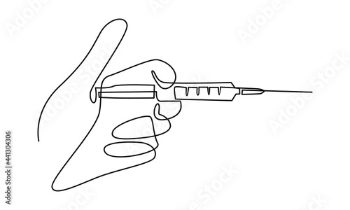 Continue line of hand with medical injection syringe vector illustration