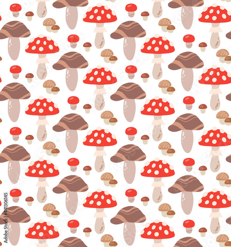Seamless cartoon pattern with mushrooms and amanitas on a white background. Vector natural flat texture. Fabric with forest plants. Simple wallpaper with boletus