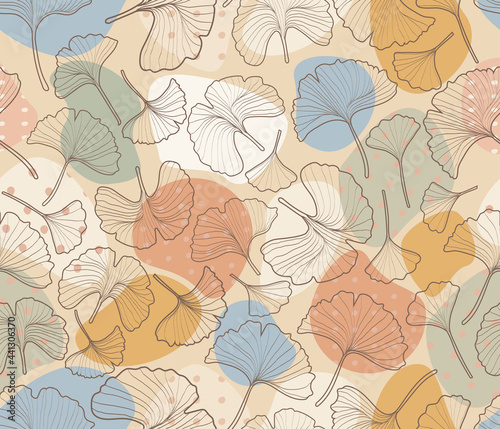 Printable seamless repeat pattern with ginkgo biloba leaves  color patches  and pale yellow color background.