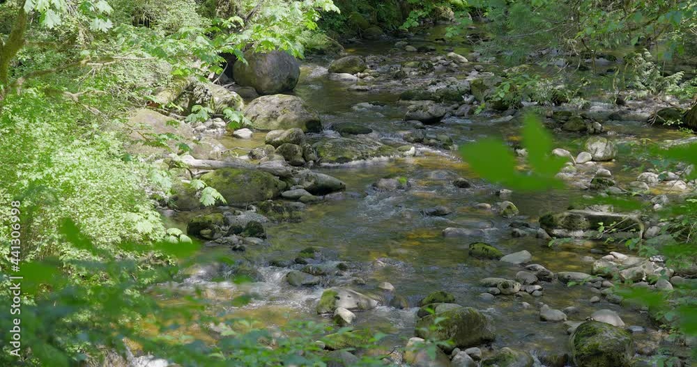 Establishing shot of Majestic mountain river with mountain background in Vancouver, Canada, North America. Day time on April 2021. Still camera view. ProRes 422 HQ. Establishing shot of Majestic mountain river with mountain background in Vancouver, Canada, North America. Day time on April 2021. Still camera view. ProRes 422 HQ.