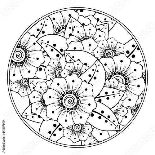 Mehndi flower for henna, mehndi, tattoo, decoration. decorative ornament in ethnic oriental style. doodle ornament. outline hand draw illustration. coloring book page.