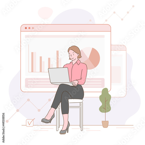 Woman looking at laptop sitting in front of web business analysis screen. hand drawn style vector design illustrations. 