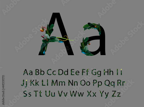 Vector alphabet, floral upper and lowercase letters with fresh green leaves and berries. Botanical isolated vector illustration for decoration, wedding invitations, card, birthday, logo, poster etc.