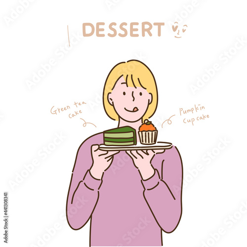 A woman is eating cakes and muffins on a plate.hand drawn style vector design illustrations. 