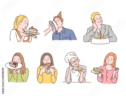 Various reactions of people in front of the cake. hand drawn style vector design illustrations. 