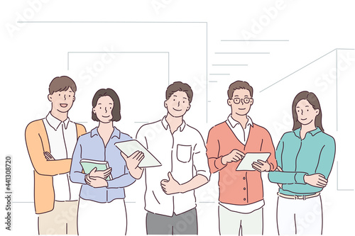 Office colleagues standing together and smiling. hand drawn style vector design illustrations. 