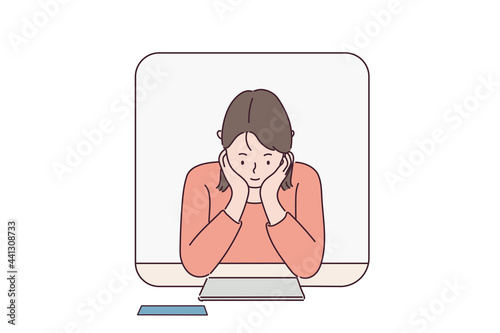 A woman is reading a document with her chin crossed. hand drawn style vector design illustrations. 