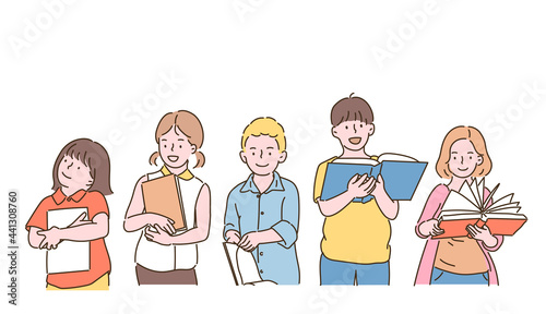 Cute children holding books and reading. hand drawn style vector design illustrations. 
